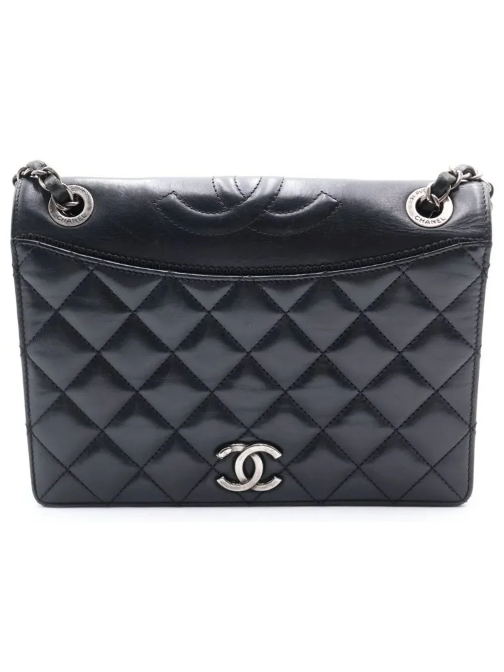 Chanel Quilted Lambskin Shoulder Bag Black Silver